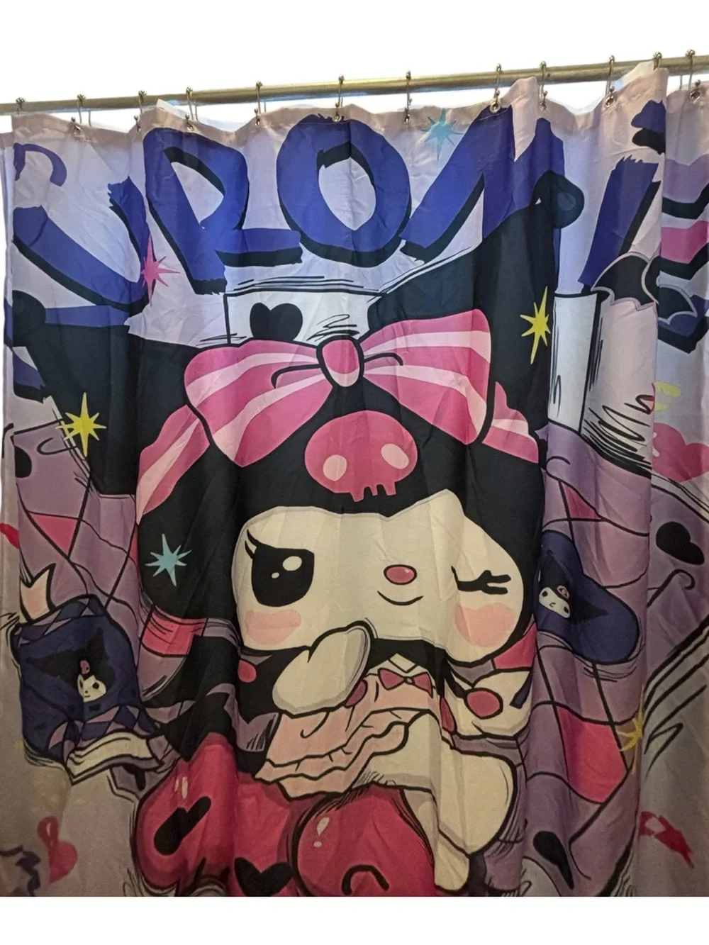 Sanrio Kuromi Shower Curtain Pink Bow Hearts Black Jester Hat Hearts Bathroom
